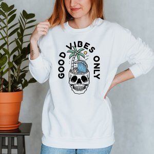 Skull Good Vibes Only White Sweatshirt